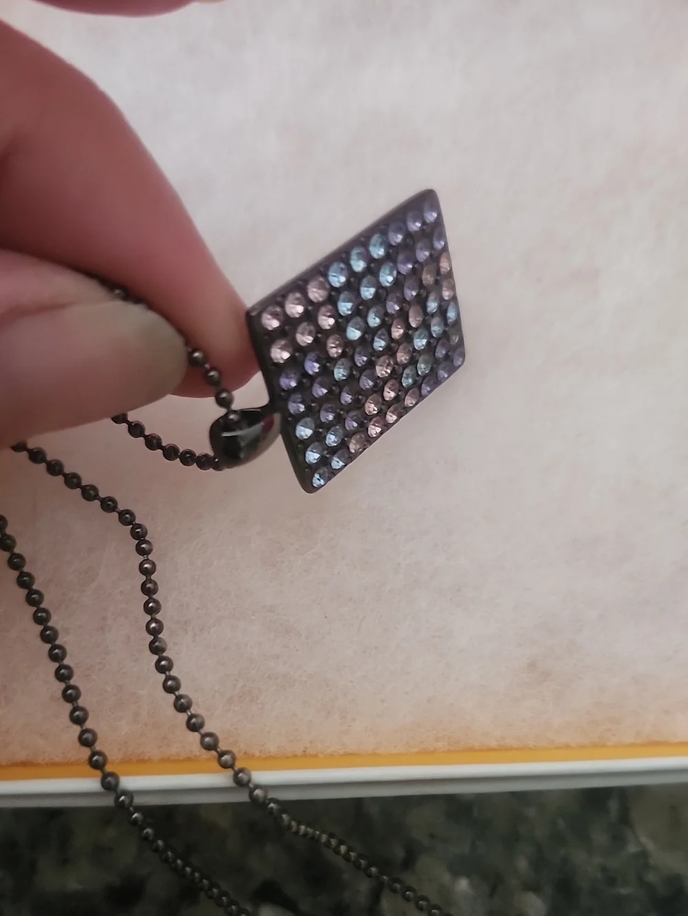 GUESS Gunmetal Rectangular Pendant with Multicolor Pave Crystals